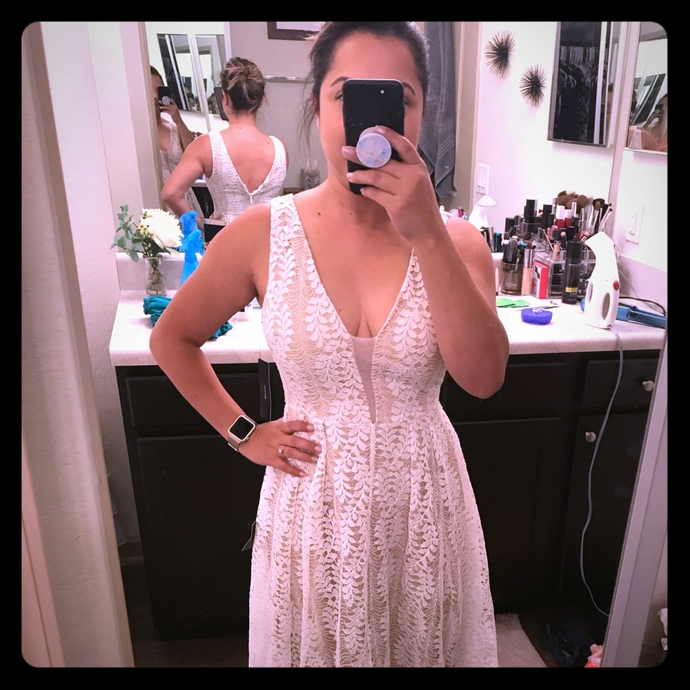 Lulu’s Long White Lace Dress w/Nude Underlay